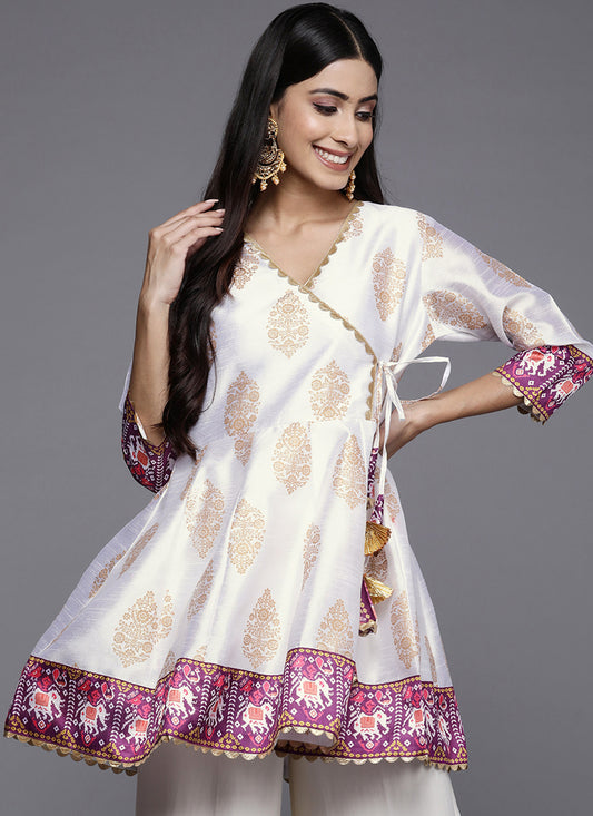 White Poly Silk Printed Tunic