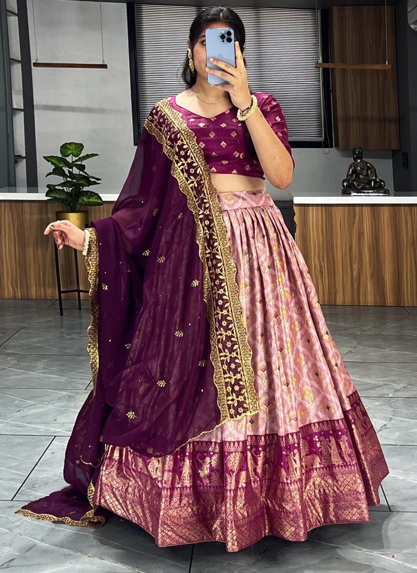 Peach Dola Silk Printed Chaniya Choli