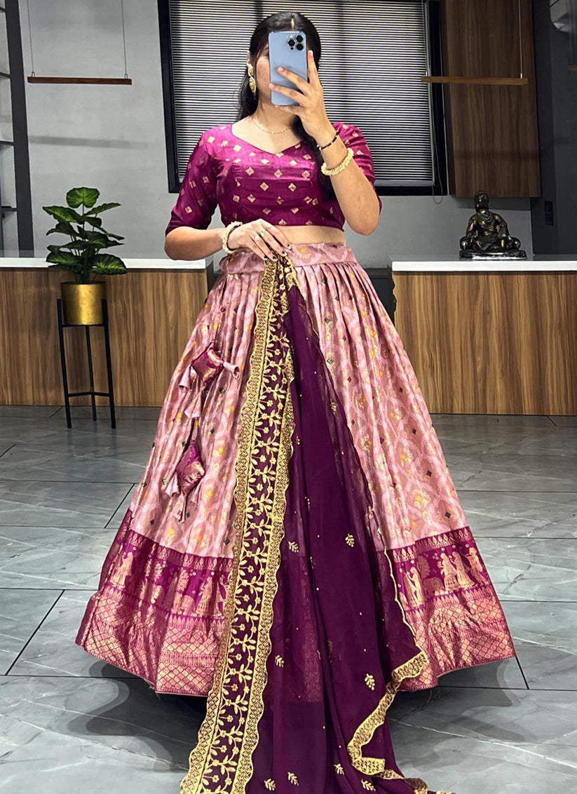 Peach Dola Silk Printed Chaniya Choli