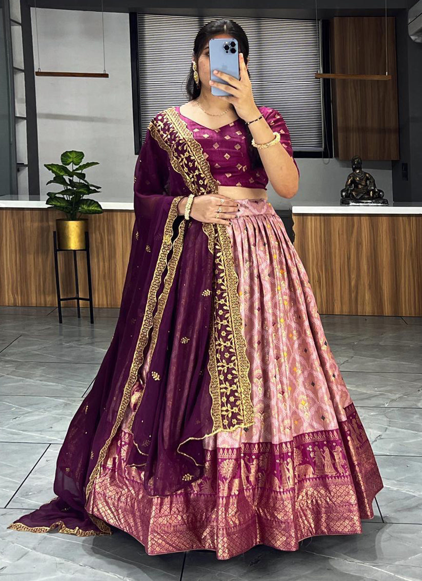 Peach Dola Silk Printed Chaniya Choli