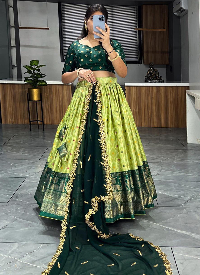 Parrot Green Dola Silk Printed Chaniya Choli