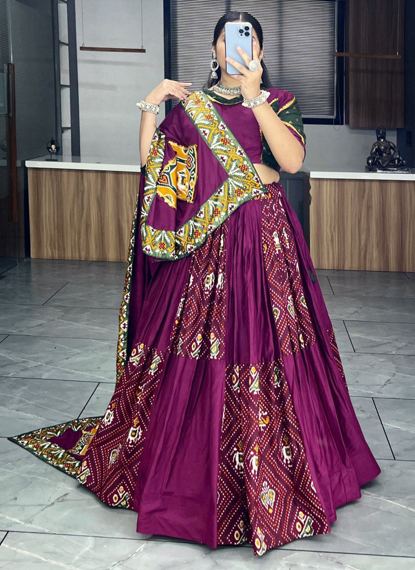 Wine Rayon Cotton Patola Bandhani Print Chaniya Choli