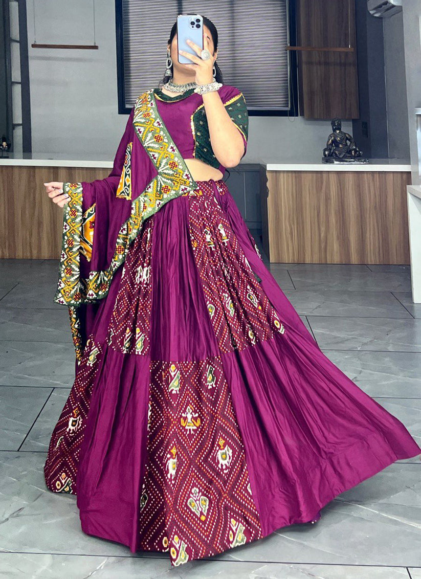 Wine Rayon Cotton Patola Bandhani Print Chaniya Choli