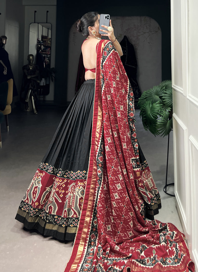 Black Tussar Silk Patola Printed Navratri Special Chaniya Choli