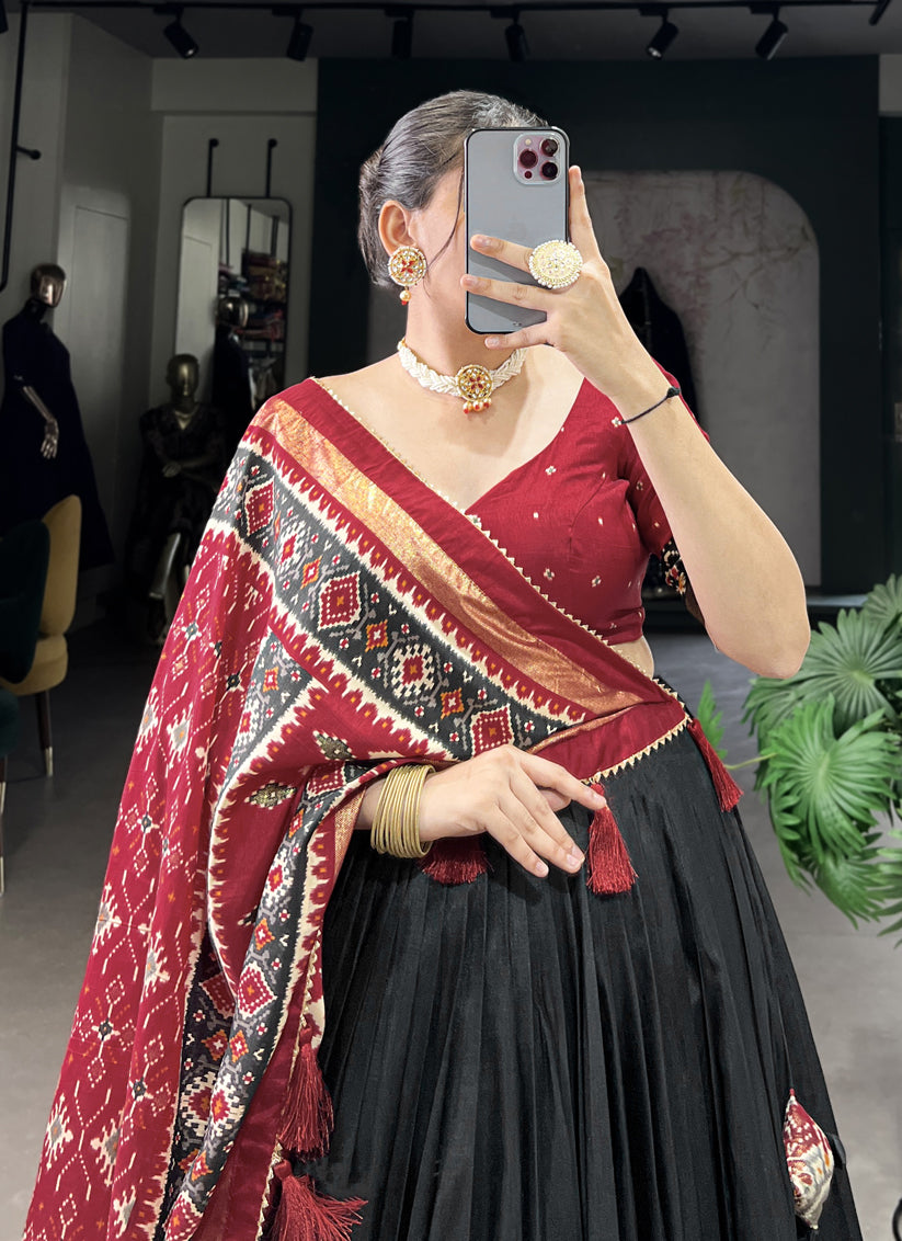 Black Tussar Silk Patola Printed Navratri Special Chaniya Choli