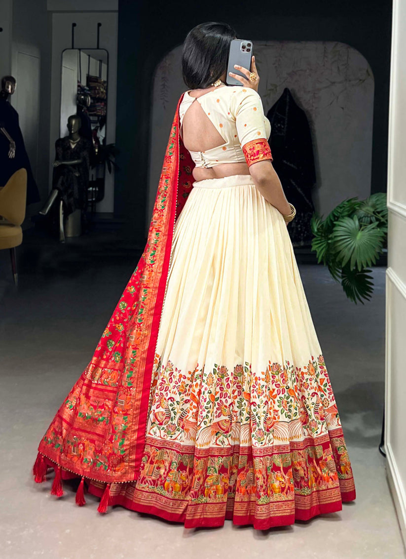 White & Red Tussar Silk Printed Navratri Special Chaniya Choli