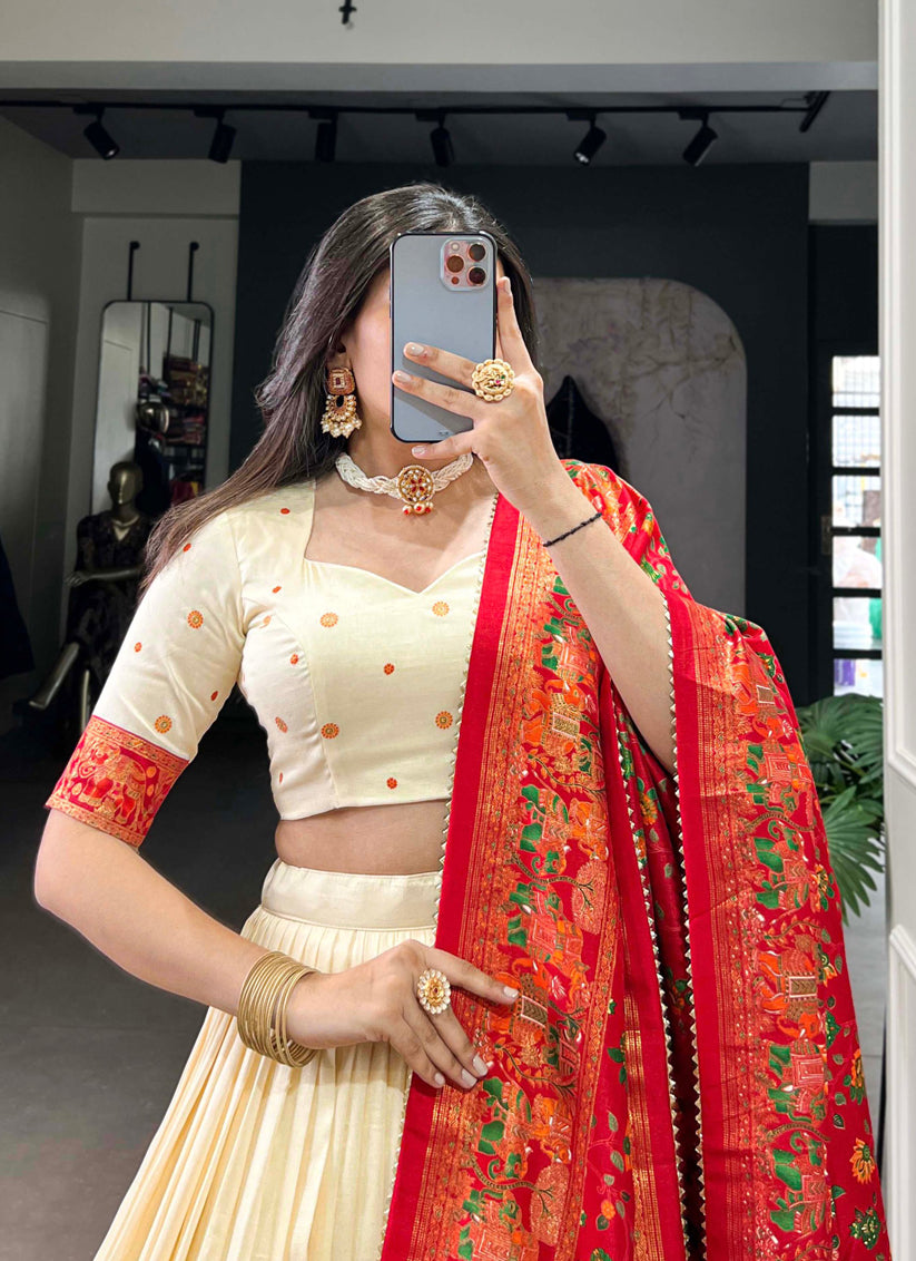 White & Red Tussar Silk Printed Navratri Special Chaniya Choli
