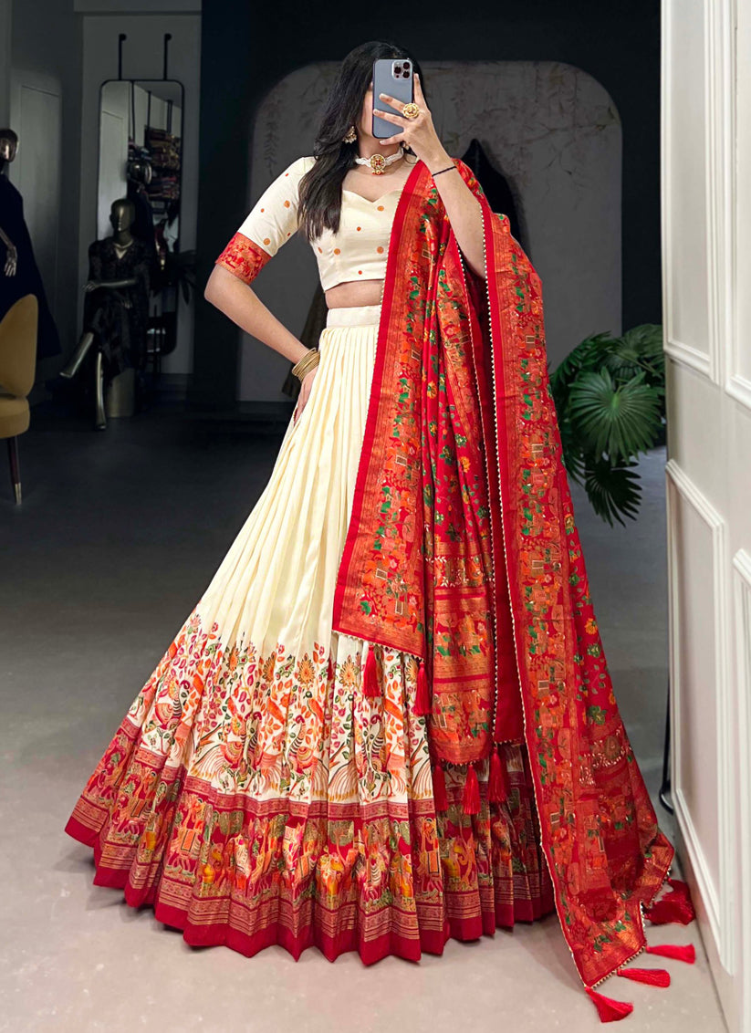 White & Red Tussar Silk Printed Navratri Special Chaniya Choli