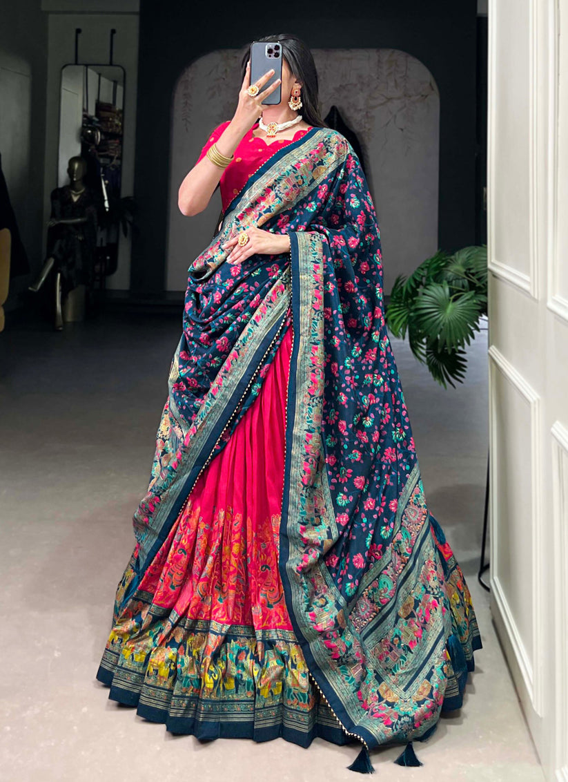Pink Tussar Silk Printed Navratri Special Chaniya Choli
