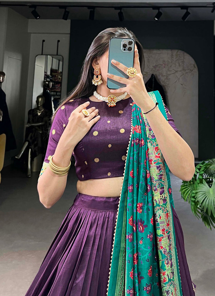 Purple Tussar Silk Printed Navratri Special Chaniya Choli