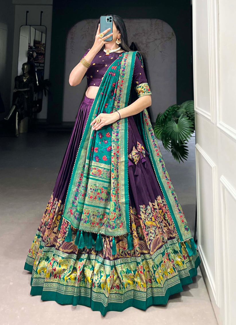 Purple Tussar Silk Printed Navratri Special Chaniya Choli