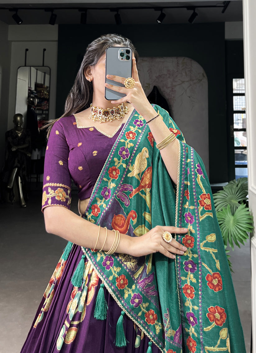 Purple Tussar Silk Printed Navratri Special Chaniya Choli