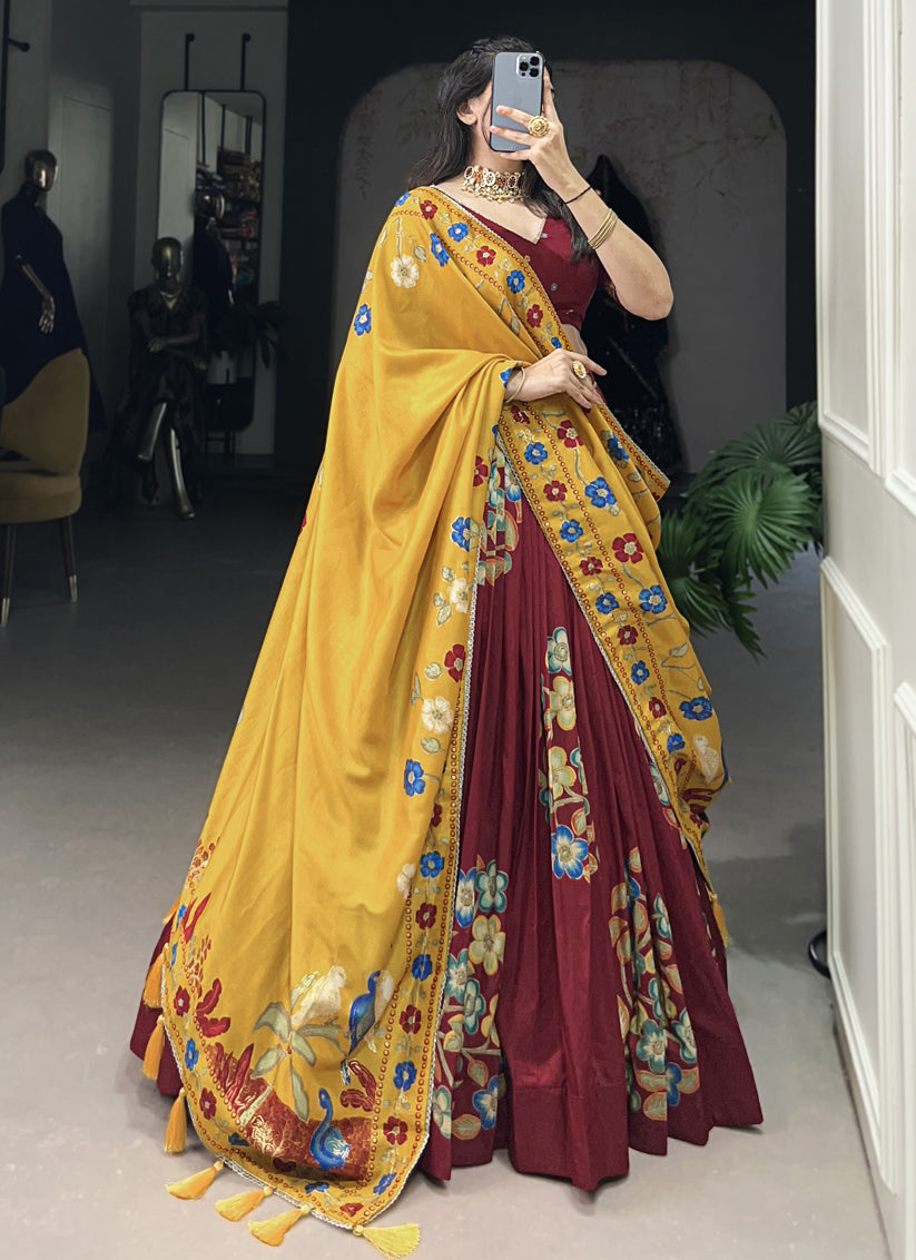 Maroon Tussar Silk Printed Navratri Special Chaniya Choli