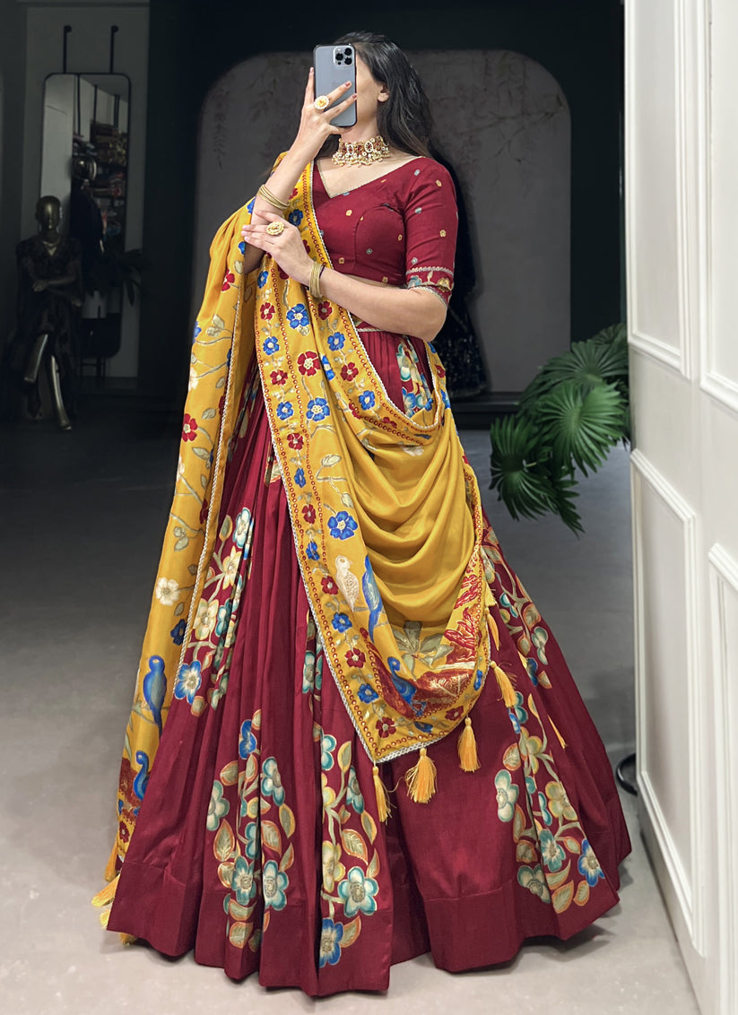 Maroon Tussar Silk Printed Navratri Special Chaniya Choli