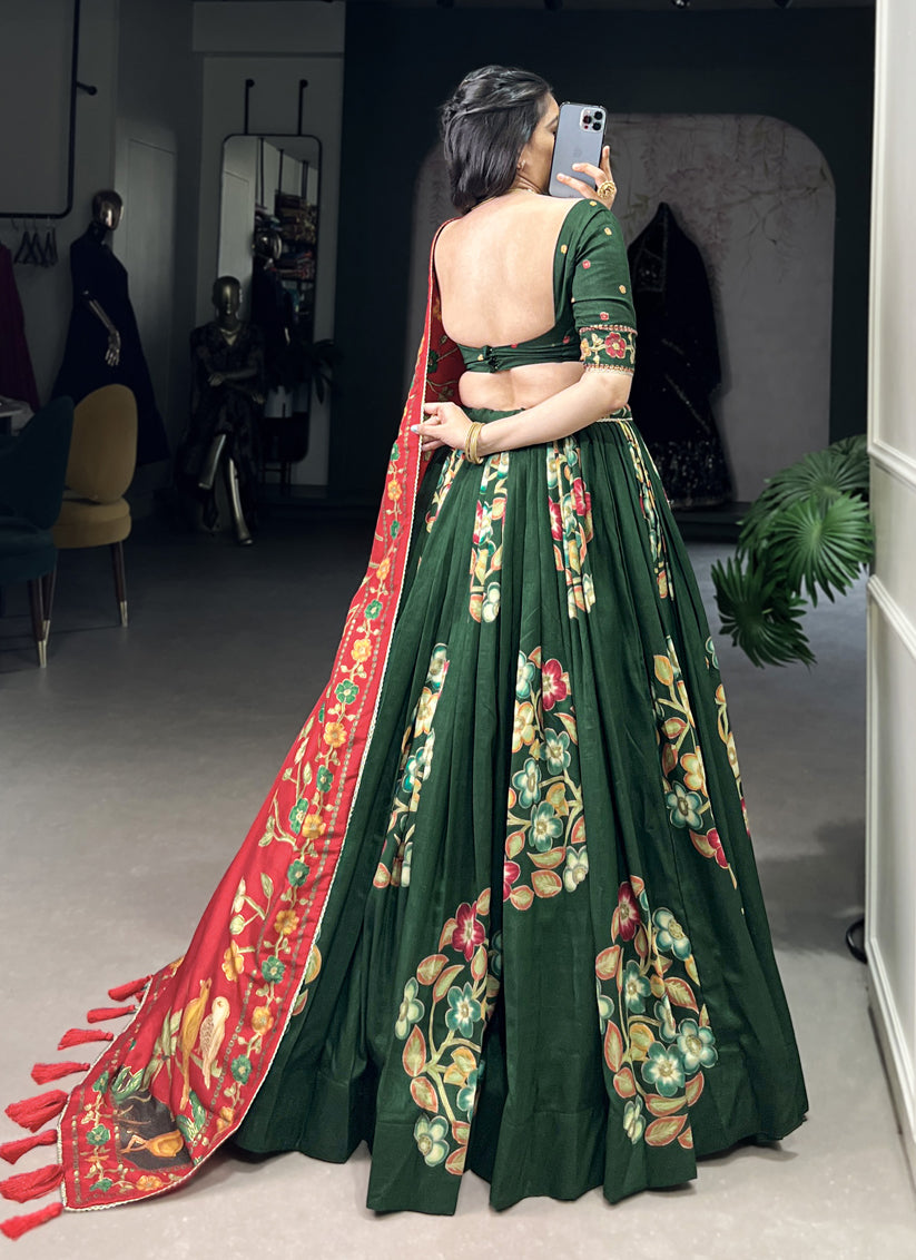 Green Tussar Silk Printed Navratri Special Chaniya Choli
