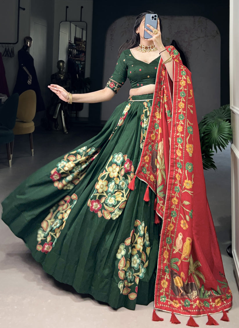 Green Tussar Silk Printed Navratri Special Chaniya Choli