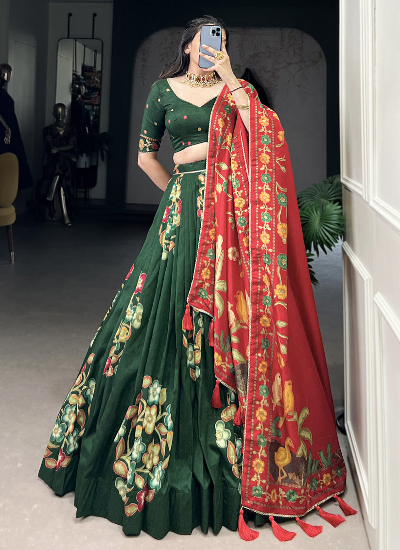 Green Tussar Silk Printed Navratri Special Chaniya Choli