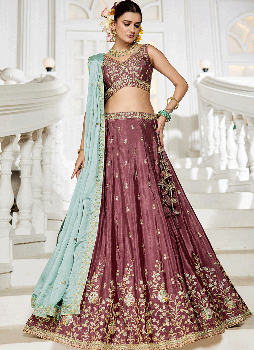 Rose Taupe Chiffon Embroidered Wedding Lehenga Choli