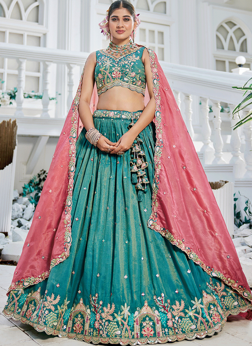 Firozi Satin Embroidered Designer Lehenga Choli