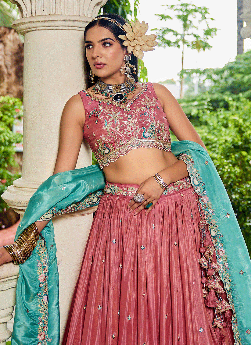 Salmon Pink Satin Embroidered Designer Lehenga Choli