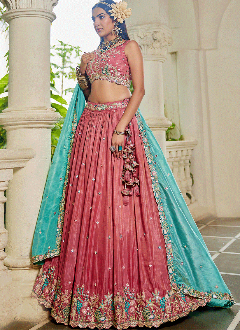 Salmon Pink Satin Embroidered Designer Lehenga Choli