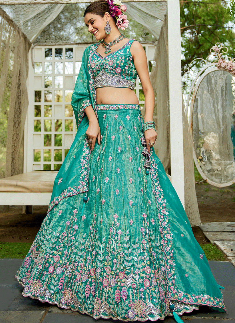 Sea Green Tissue Embroidered Designer Lehenga Choli