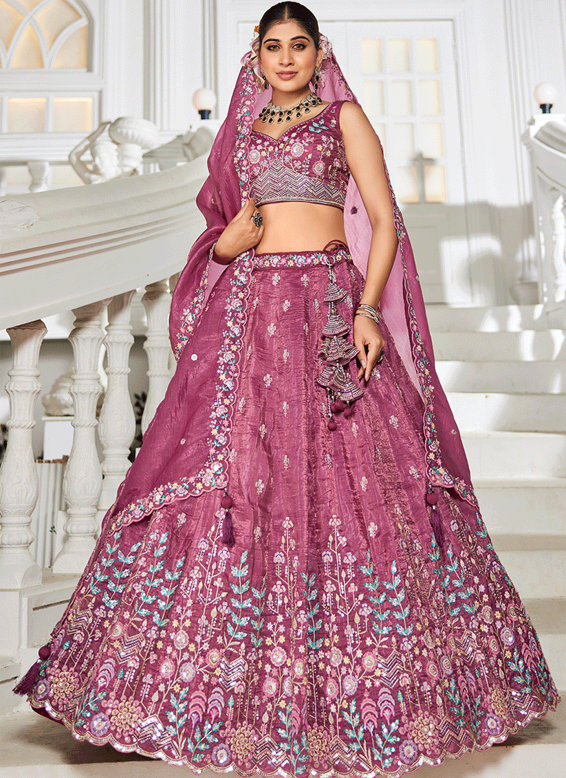 Wine Tissue Embroidered Designer Lehenga Choli