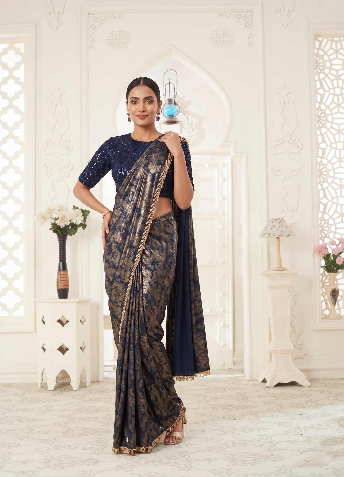 Navy blue festive wear drape sareeays