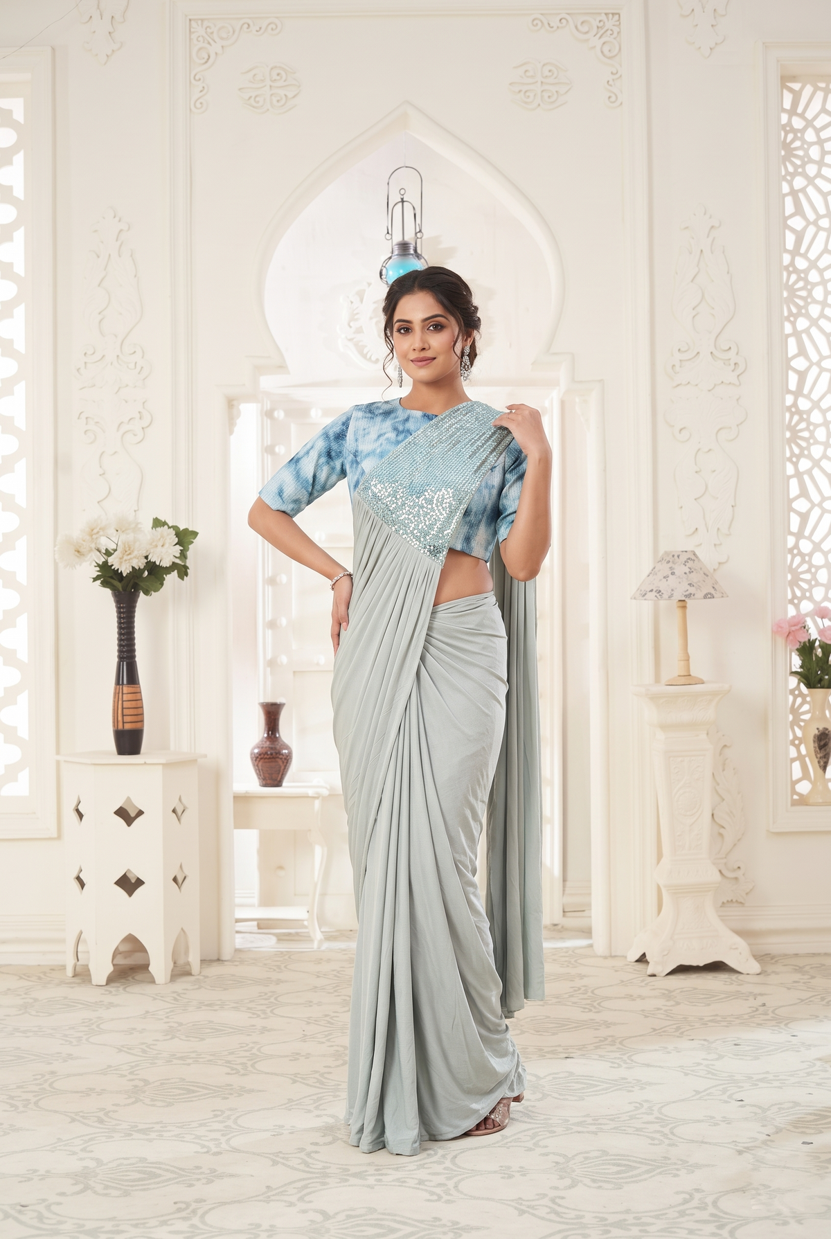 Light blue festive wear drape saree