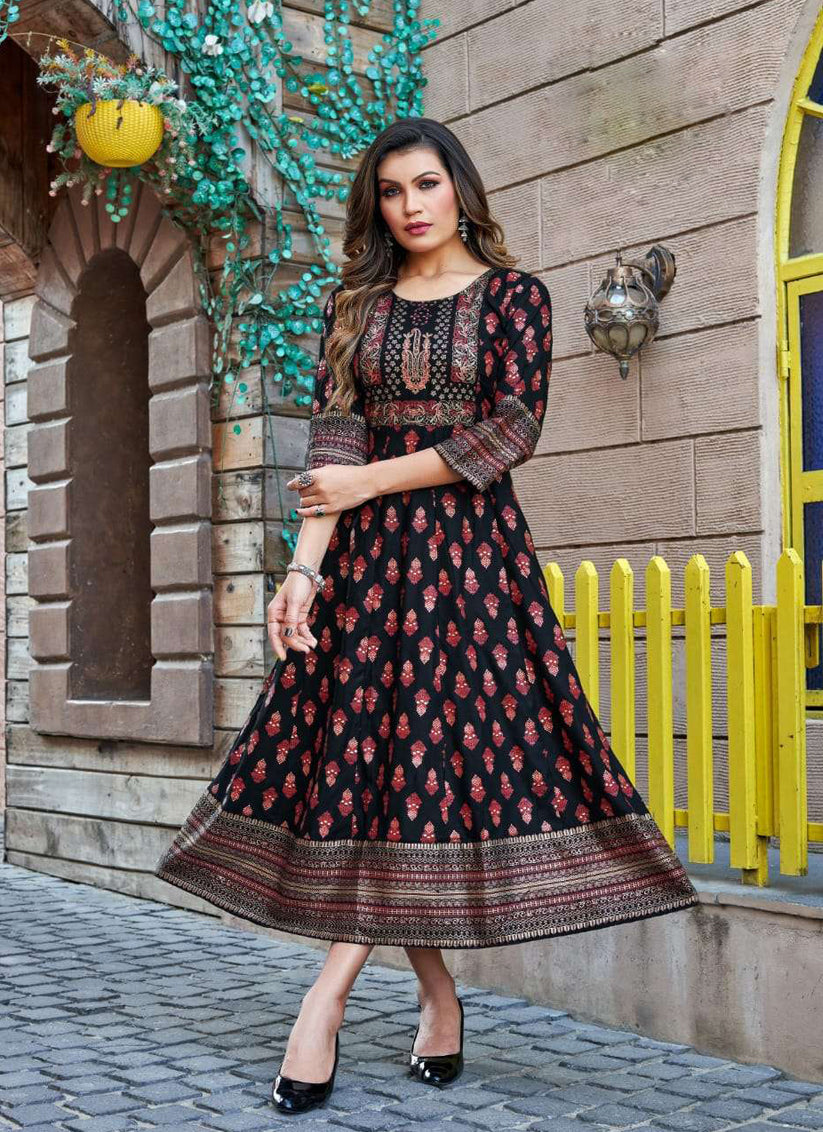 Black Heavy Rayon Printed Plus Size Anarkali Kurti