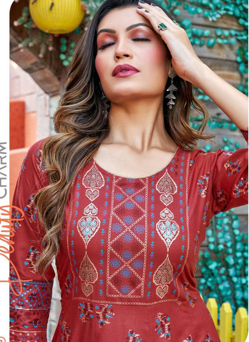 Rust Heavy Rayon Printed Plus Size Anarkali Kurti