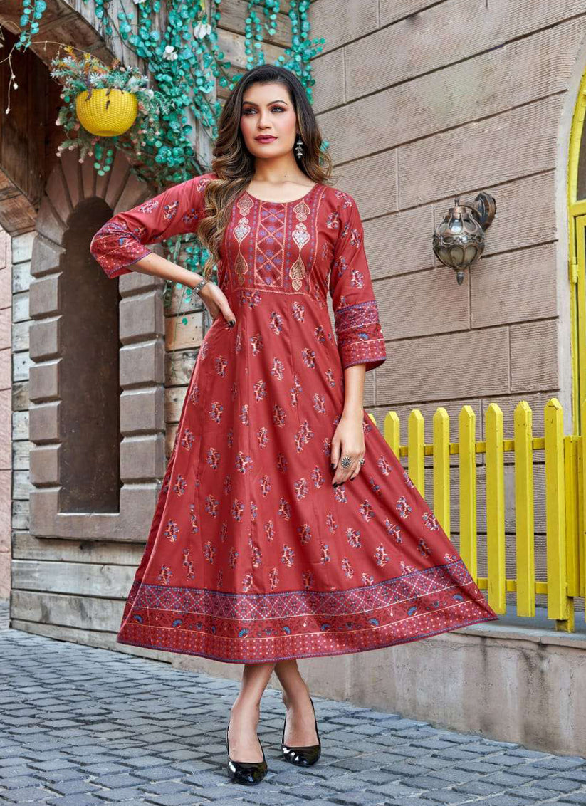 Rust Heavy Rayon Printed Plus Size Anarkali Kurti