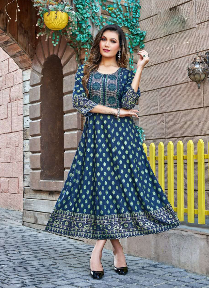Blue Heavy Rayon Printed Plus Size Anarkali Kurti