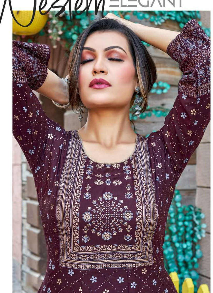 Burgundy Heavy Rayon Printed Plus Size Anarkali Kurti