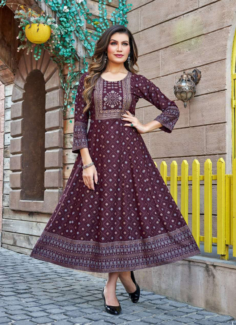 Burgundy Heavy Rayon Printed Plus Size Anarkali Kurti