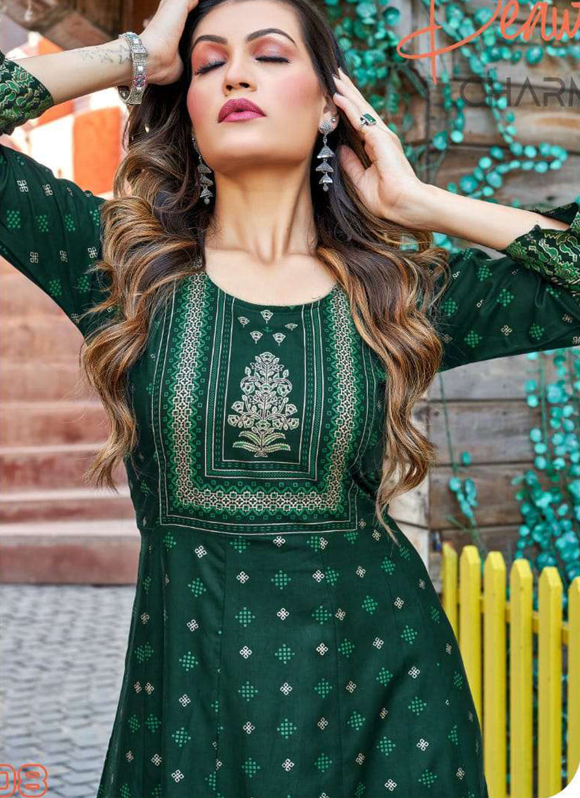 Green Heavy Rayon Printed Plus Size Anarkali Kurti