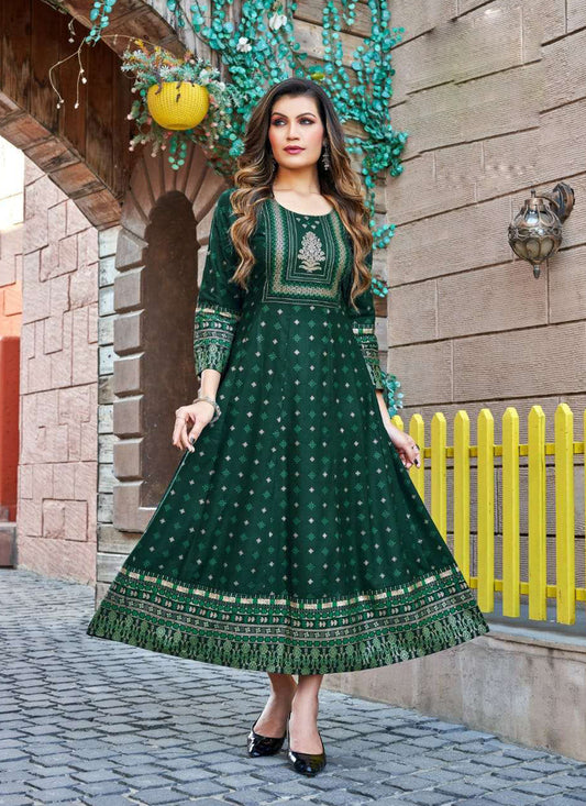 Green Heavy Rayon Printed Plus Size Anarkali Kurti
