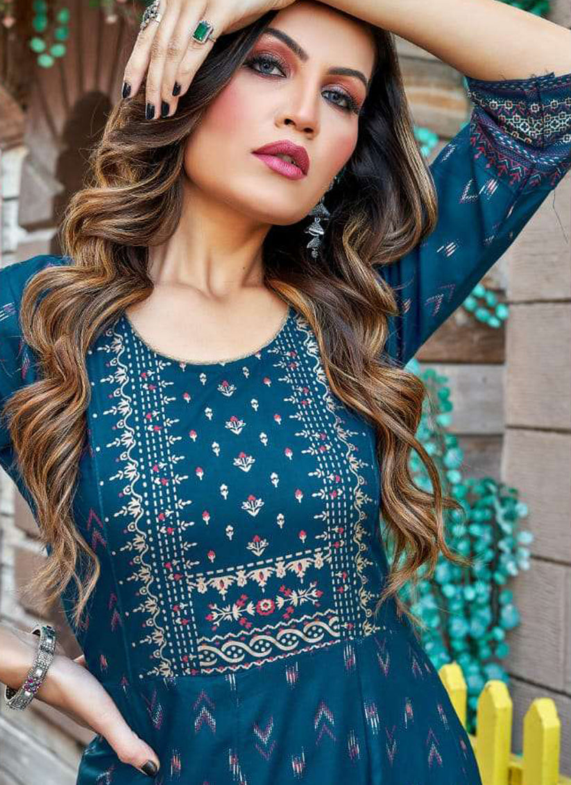 Peacock Blue Heavy Rayon Printed Plus Size Anarkali Kurti