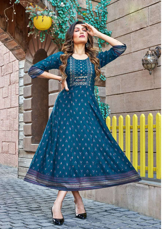 Peacock Blue Heavy Rayon Printed Plus Size Anarkali Kurti