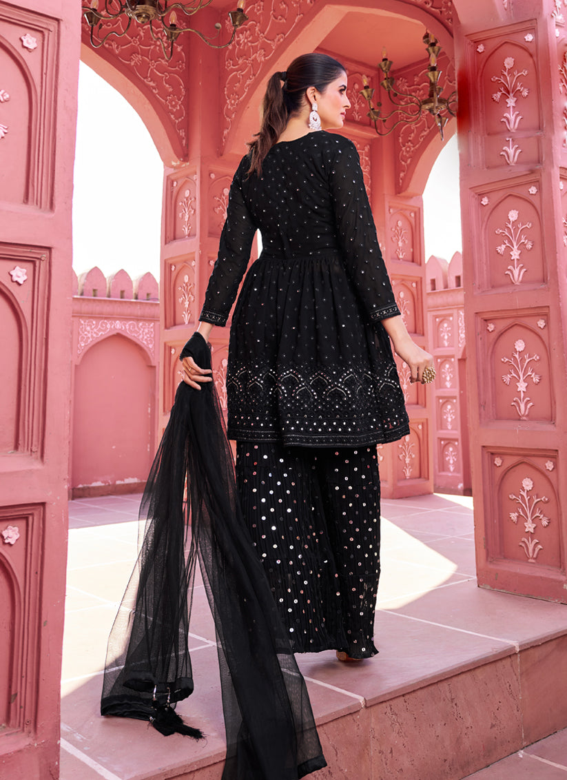 Black Georgette Embroidered Sarara Kameez