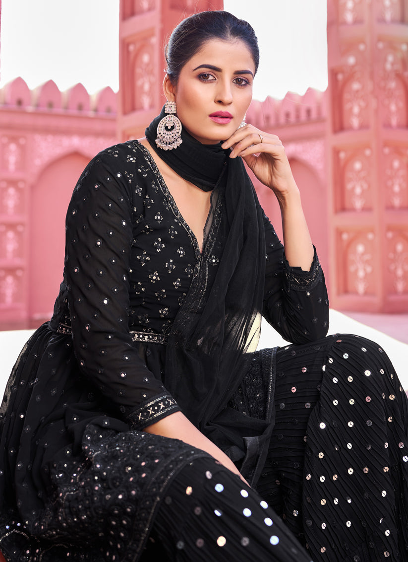 Black Georgette Embroidered Sarara Kameez