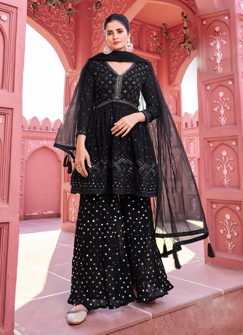 Black Georgette Embroidered Sarara Kameez