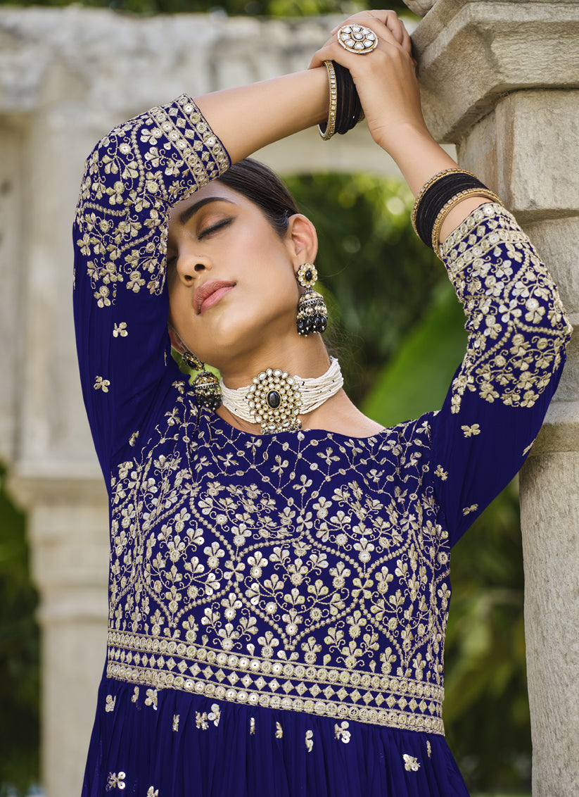 Royal Blue Pure Faux Georgette Palazzo Kameez Suit