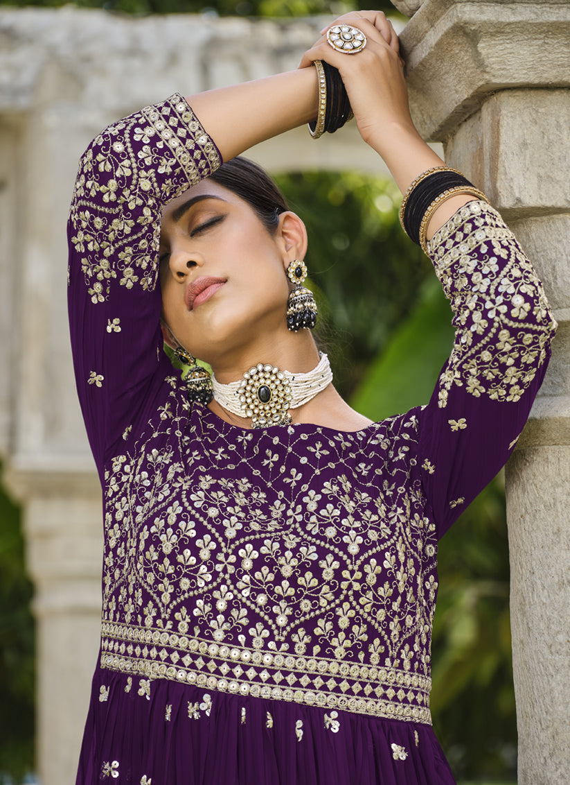 Purple Pure Faux Georgette Palazzo Kameez Suit