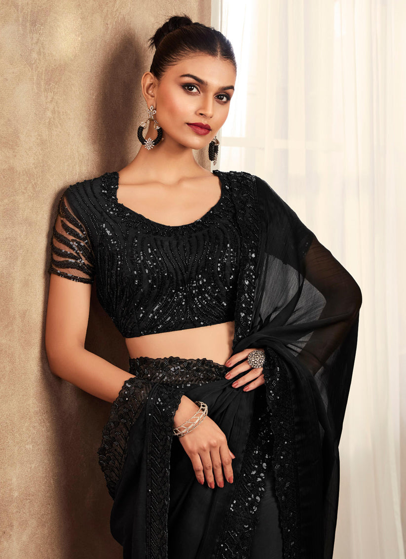 Black Chiffon Saree with Embroidered Blouse