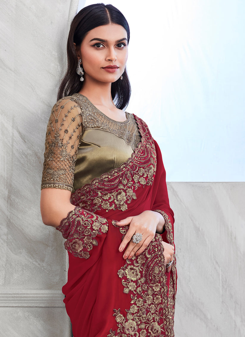 Rust Maroon Silk Designer Saree with Embroidered Blouse