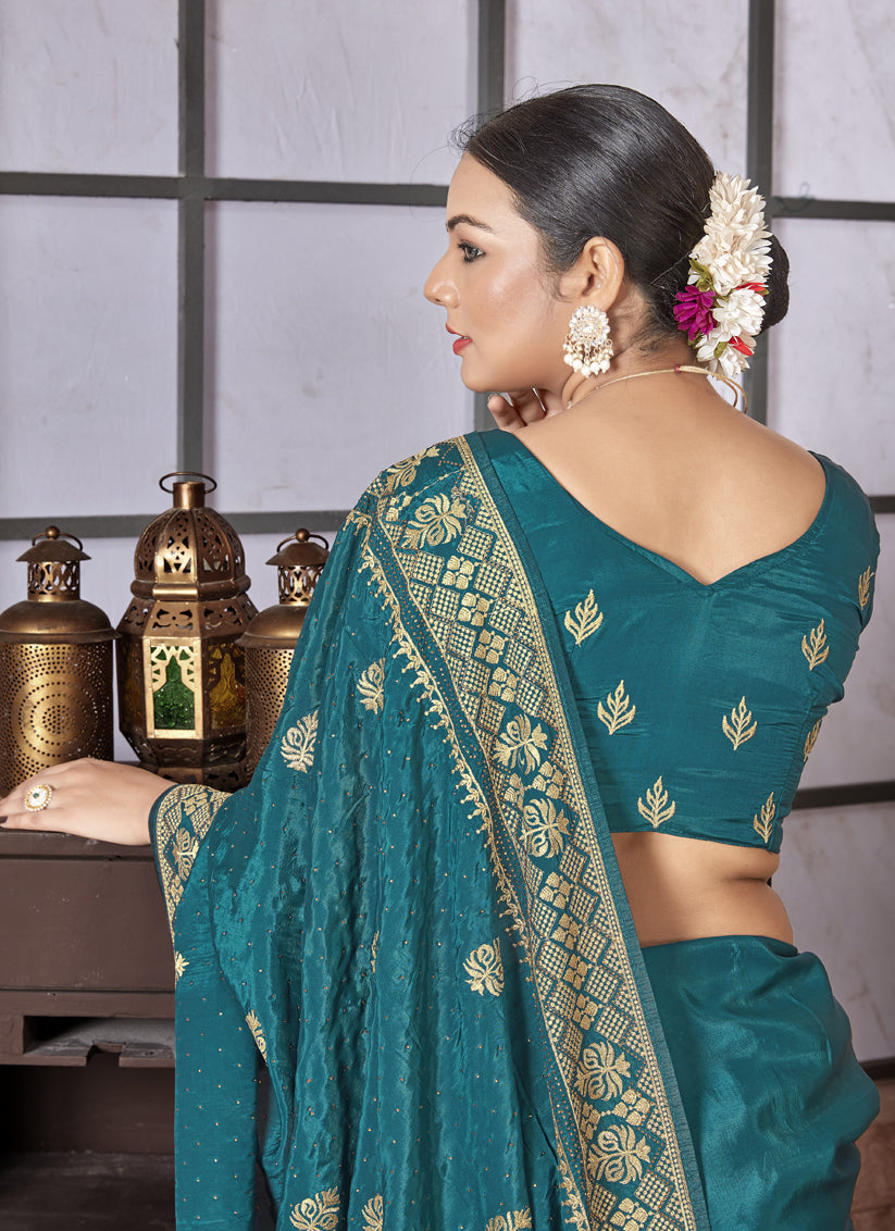 Teal Blue Art Silk Designer Saree