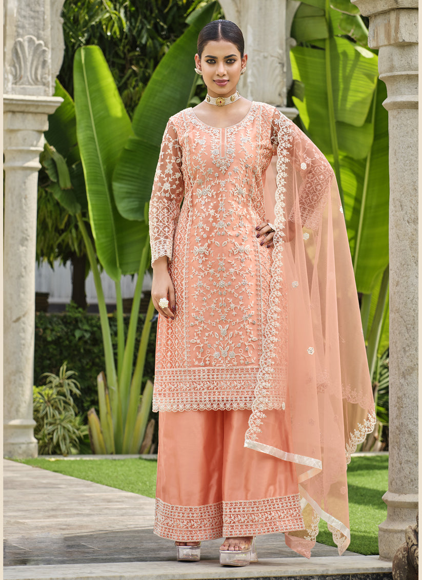 Peach Pure Butterfly Net Palazzo Suit