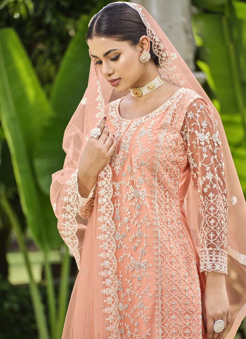 Peach Pure Butterfly Net Palazzo Suit