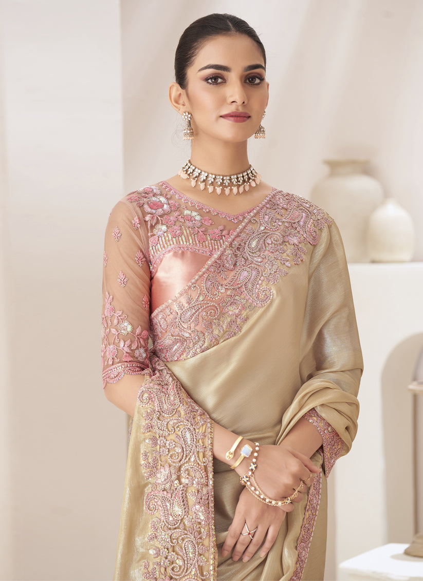 Cream Embroidered Saree with Designer Blouse